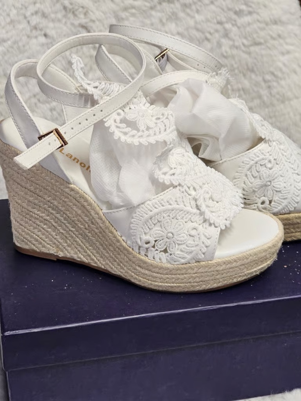 Time and Tru White Lace Espadrille Wedge Sandals with Ankle Strap